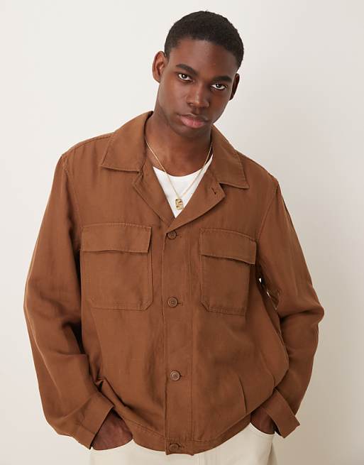 asos Mango linen mix overshirt in brown