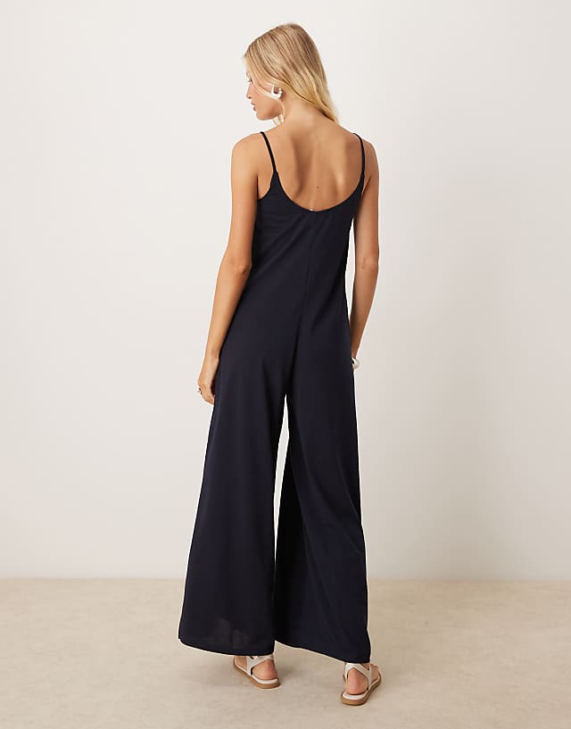 Asos Mango Linen Mix Strappy Jumpsuit In Navy