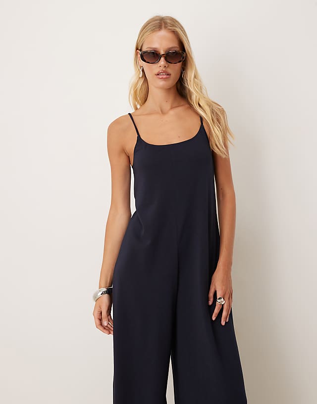 Asos Mango Linen Mix Strappy Jumpsuit In Navy