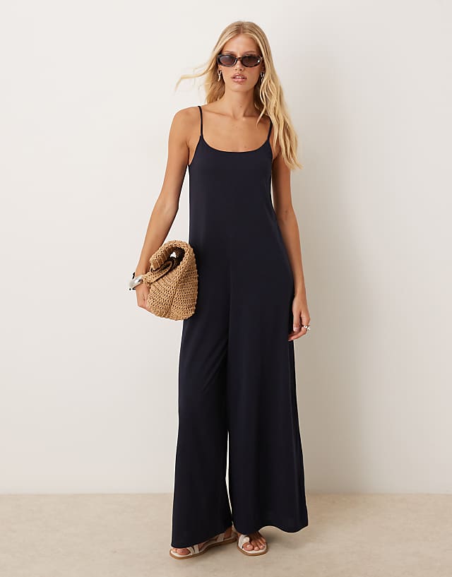 asos Mango linen mix strappy jumpsuit in navy