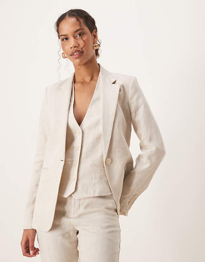 asos Mango linen slim fit blazer in ecru