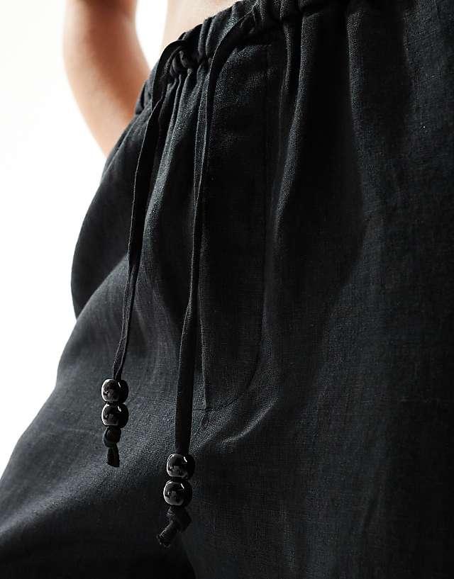 Asos Mango Linen Tie Waist Trousers In Black