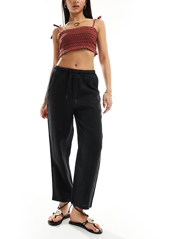 Asos Mango Linen Tie Waist Trousers In Black