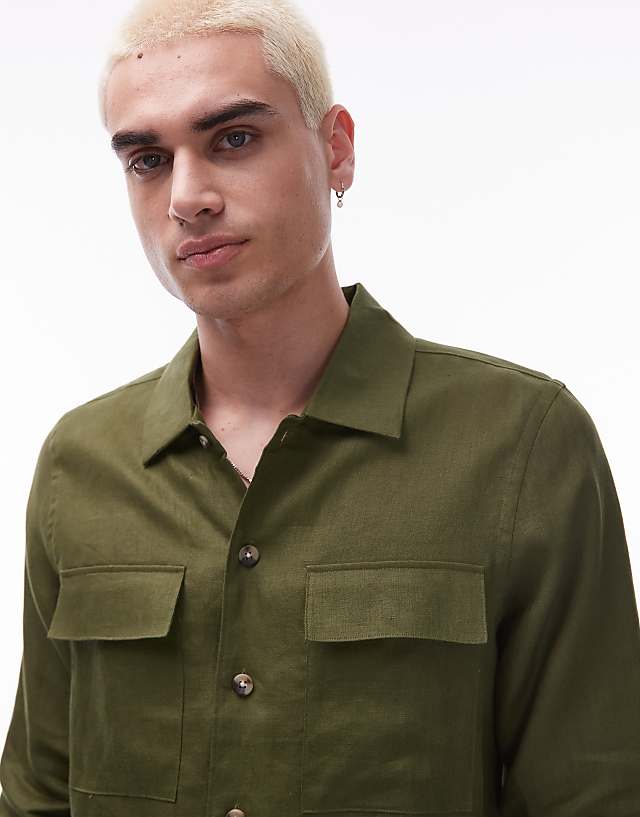 Asos Mango Premium Linen Shacket In Pale Green