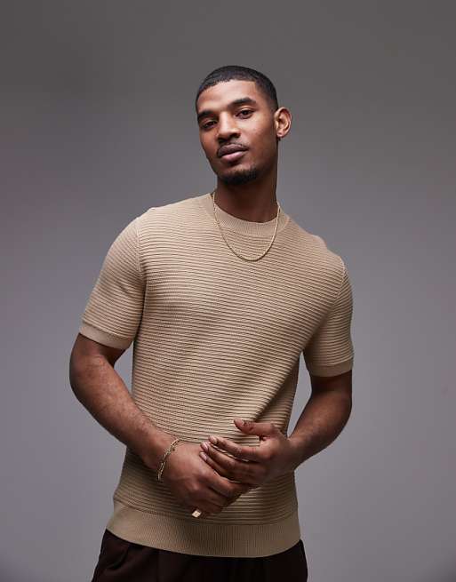 asos Mango ribbed knitted t-shirt in beige