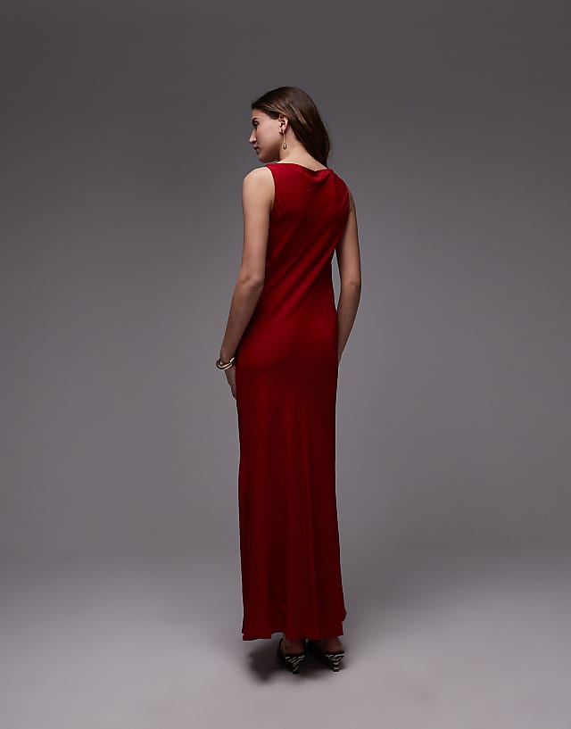 Asos Mango Satin Drape Neck Maxi Dress In Red