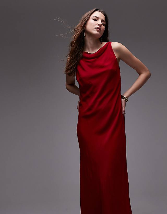 Asos Mango Satin Drape Neck Maxi Dress In Red