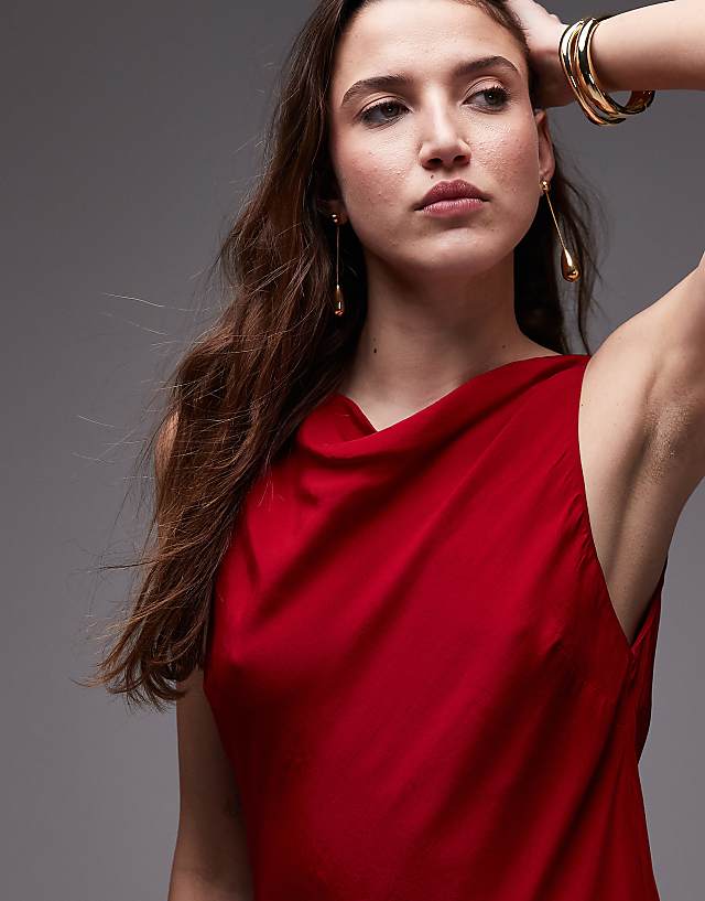 Asos Mango Satin Drape Neck Maxi Dress In Red