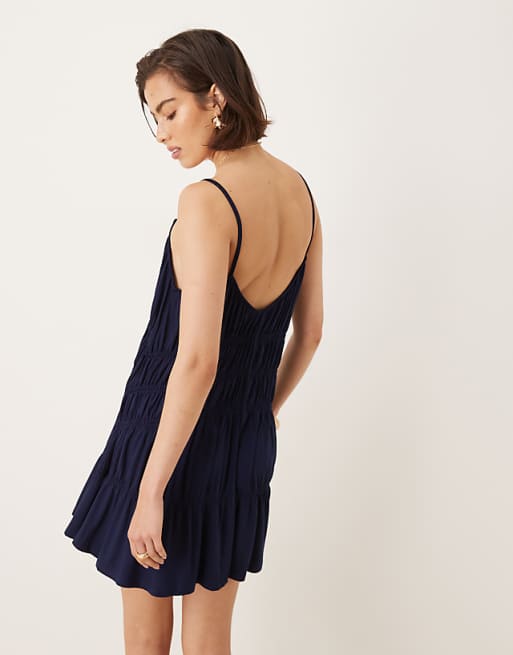 Asos Mango Shirred Strappy Mini Dress In Navy