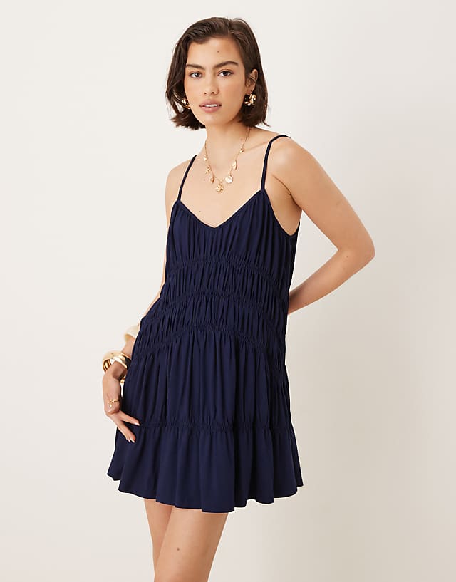 Asos Mango Shirred Strappy Mini Dress In Navy