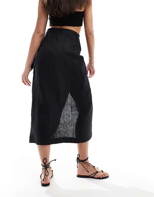 Asos Mango Wrap Front Linen Skirt In Black