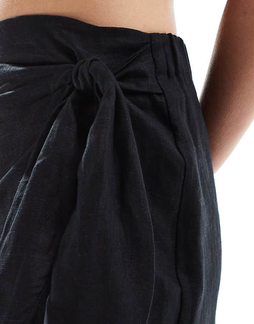 Asos Mango Wrap Front Linen Skirt In Black