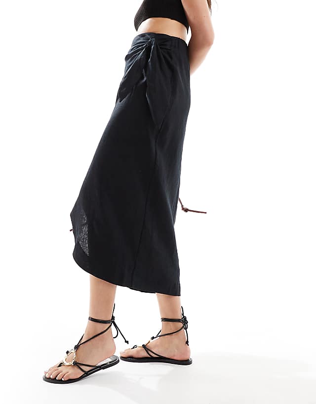 Asos Mango Wrap Front Linen Skirt In Black