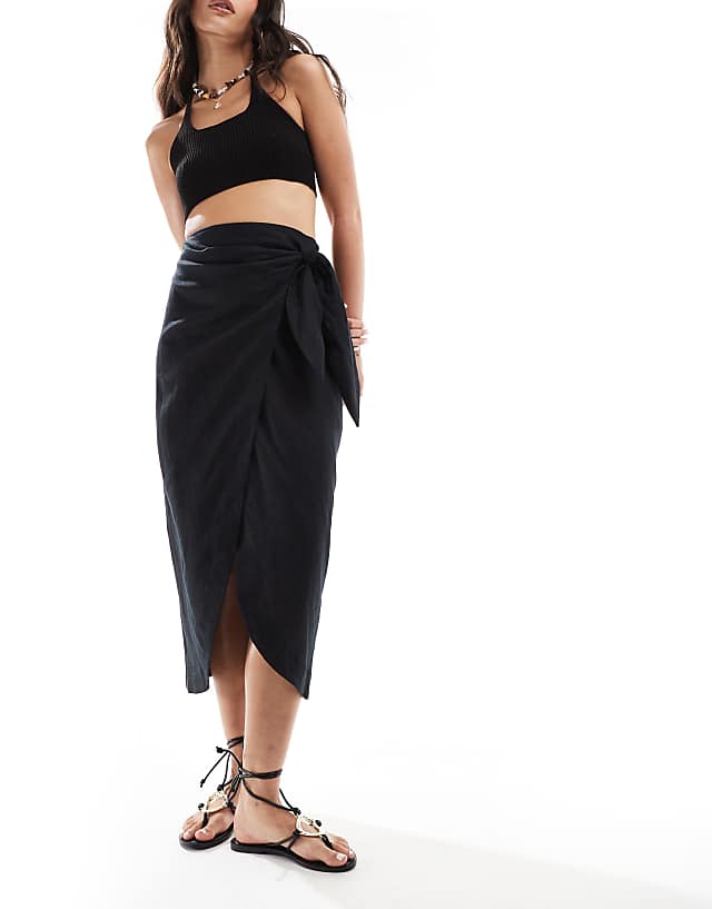 asos Mango wrap front linen skirt in black