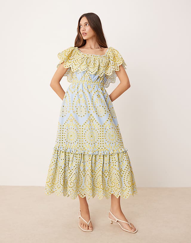 Asos Maya Broderie Bardot Midi Dress In Multi
