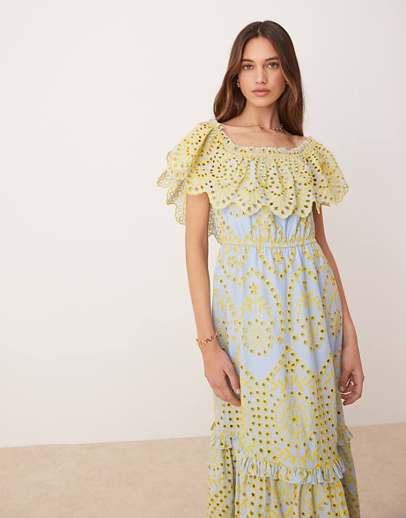 asos Maya Broderie bardot midi dress in multi