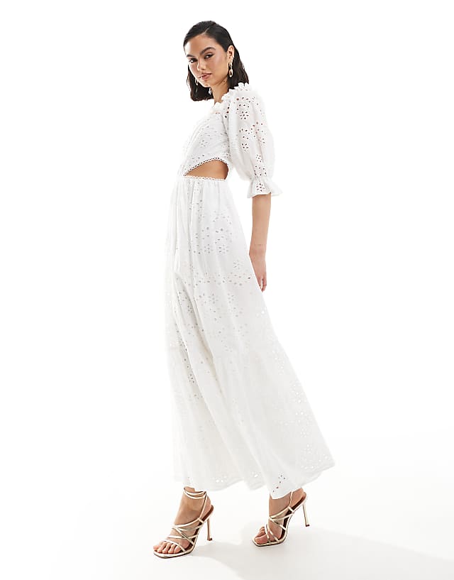 asos Maya Broderie cut out midaxi dress in white