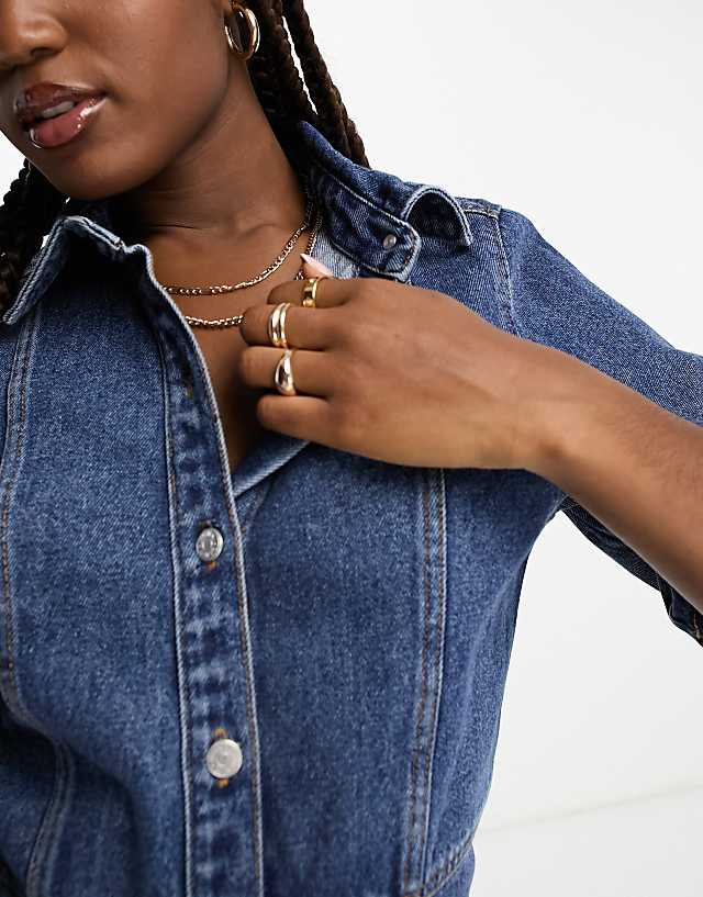 Asos Monki Denim Mini Shirt Dress In Blue
