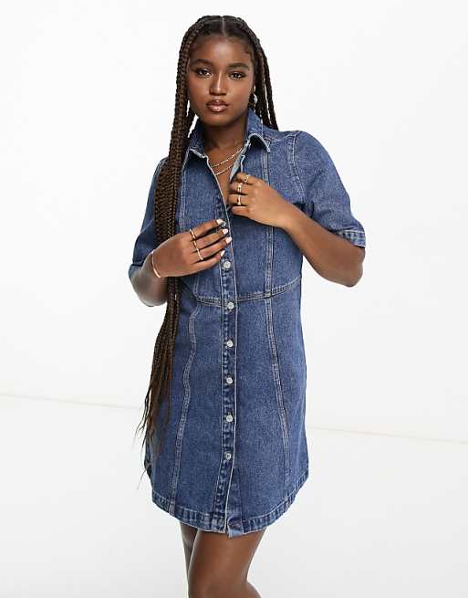 Asos Monki Denim Mini Shirt Dress In Blue