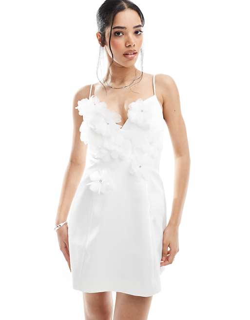 Asos New Look Applique Flower Mini Dress In White