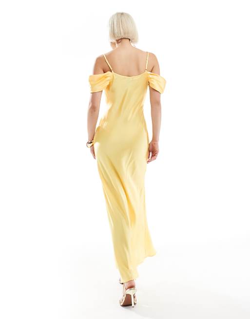 Asos New Look Bardot Satin Midaxi Dress In Yellow