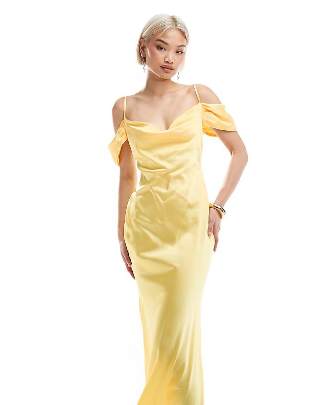 Asos New Look Bardot Satin Midaxi Dress In Yellow
