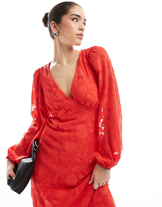 Asos New Look Devore Long Sleeve Midi Dress In Red