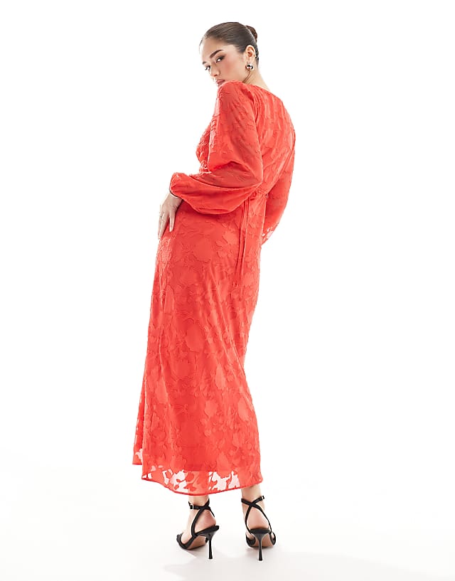 Asos New Look Devore Long Sleeve Midi Dress In Red