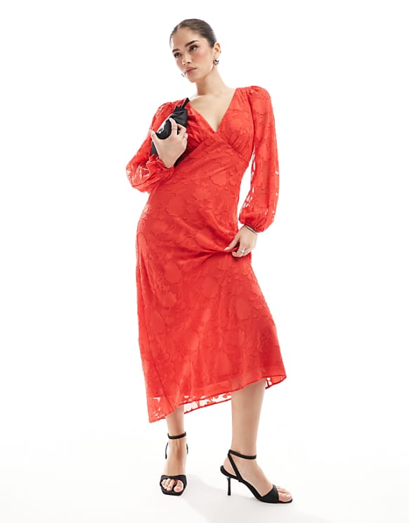 asos New Look devore long sleeve midi dress in red