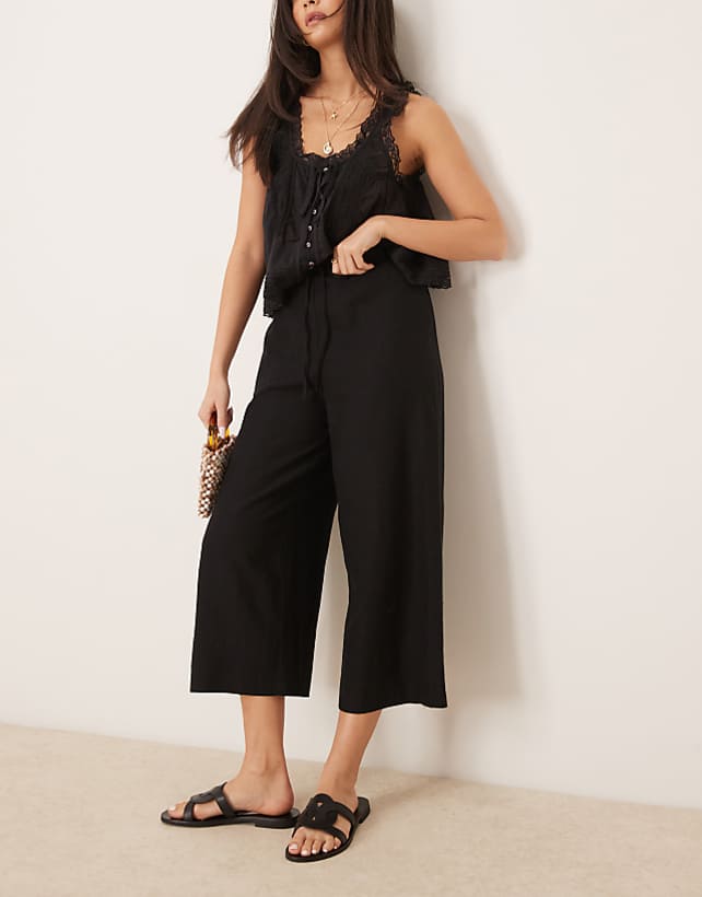 asos New Look linen cropped trousers in black