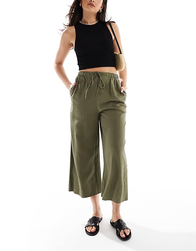 Asos New Look Linen Cropped Trousers In Khaki