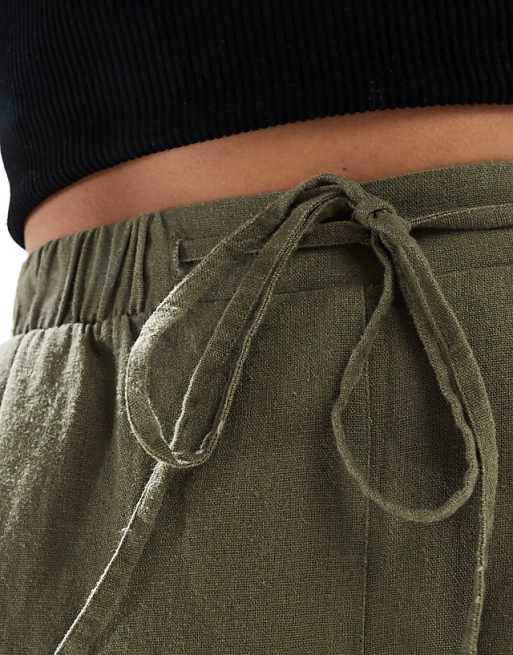 Asos New Look Linen Cropped Trousers In Khaki