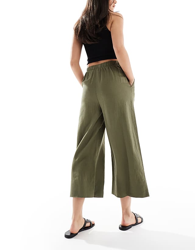 Asos New Look Linen Cropped Trousers In Khaki