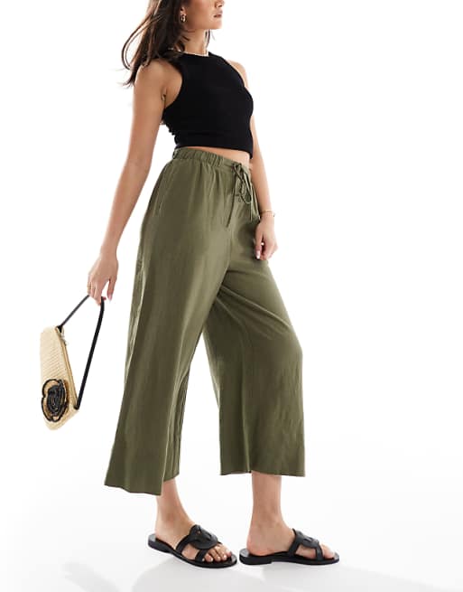 asos New Look linen cropped trousers in khaki