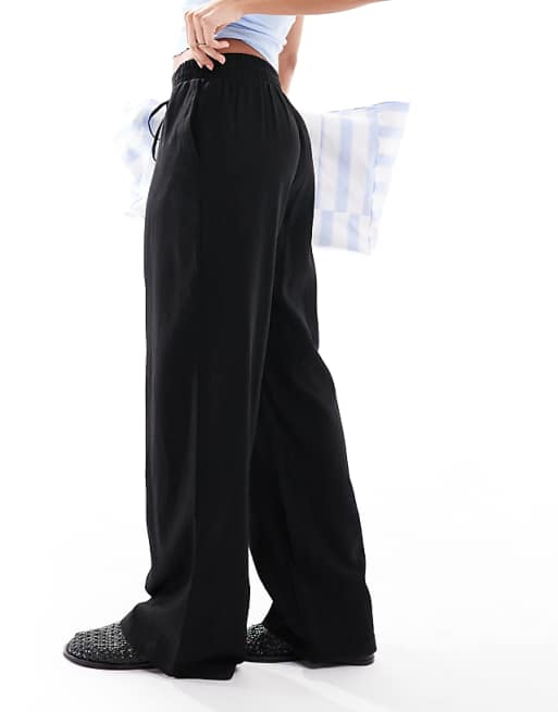 Asos New Look Linen Wide Leg Trousers In Black