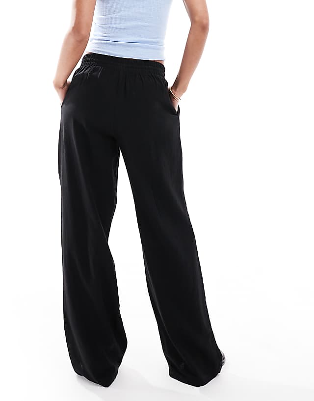 Asos New Look Linen Wide Leg Trousers In Black