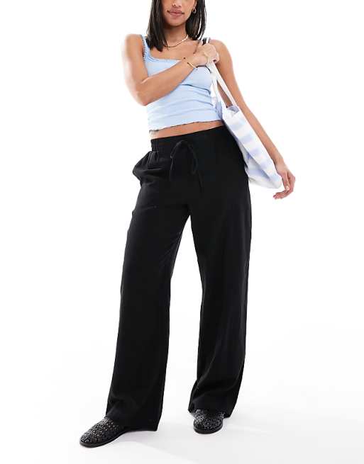 asos New Look linen wide leg trousers in black
