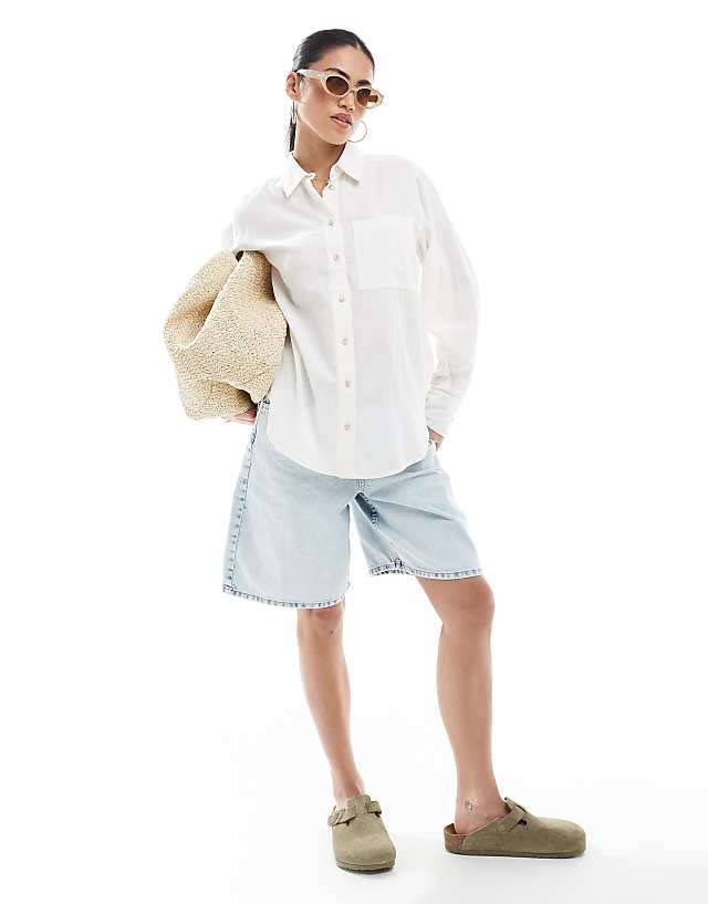 Asos New Look Long Sleeve Linen Shirt In White