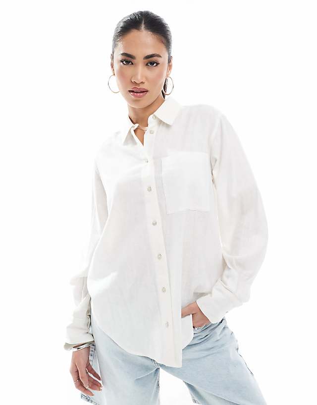asos New Look long sleeve linen shirt in white