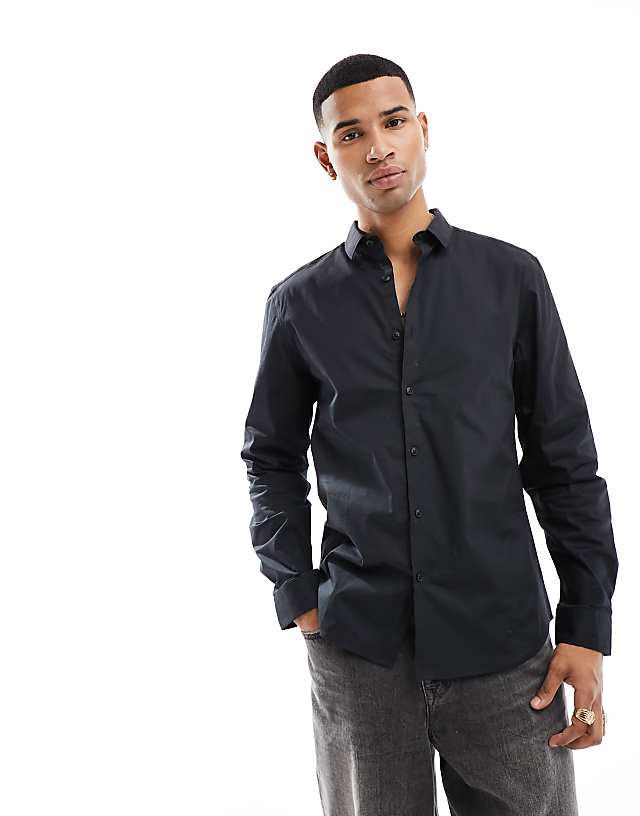 Asos New Look Long Sleeve Poplin Shirt In Black