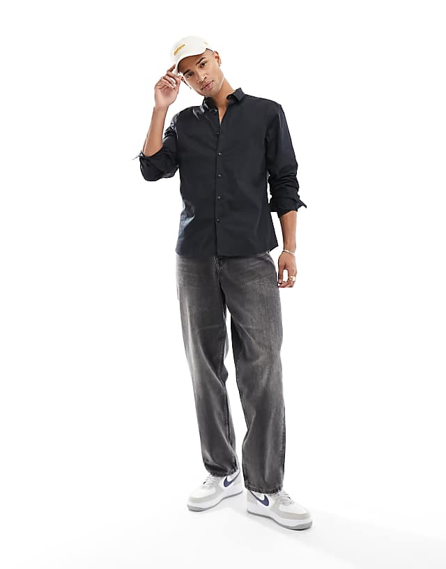 Asos New Look Long Sleeve Poplin Shirt In Black