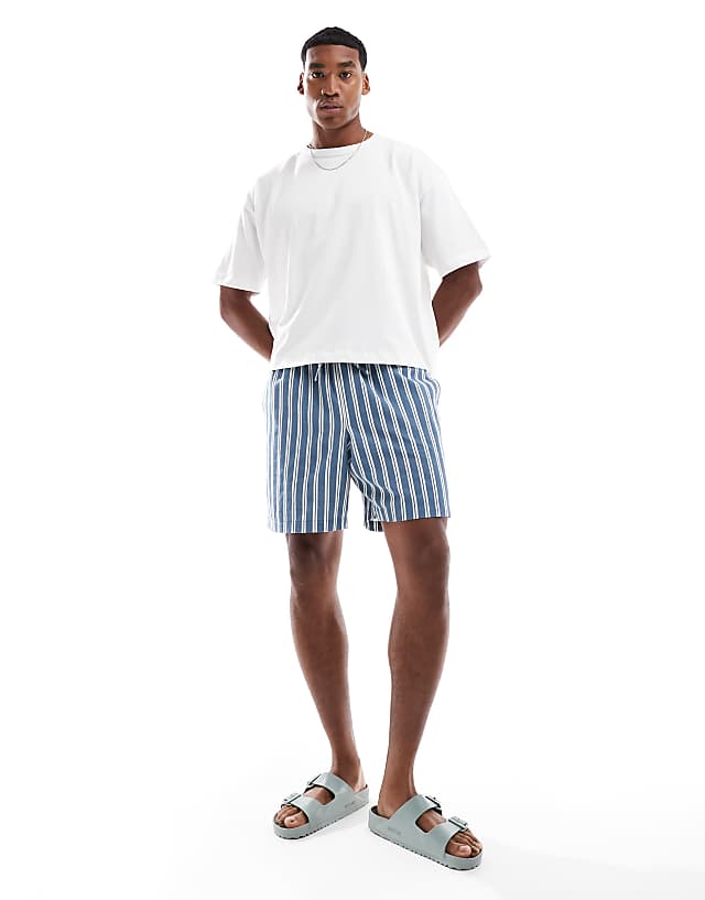 Asos New Look Pull On Linen Shorts In Blue Stripe