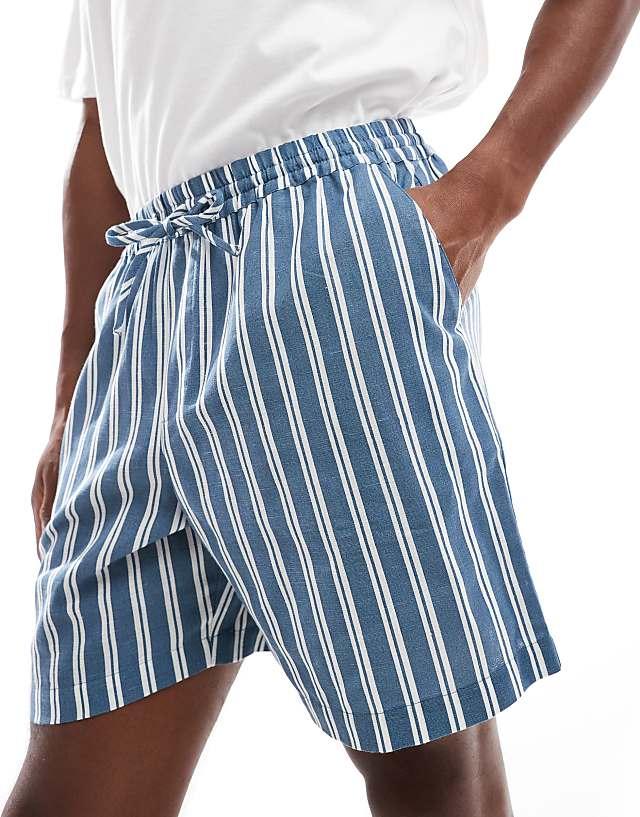 Asos New Look Pull On Linen Shorts In Blue Stripe