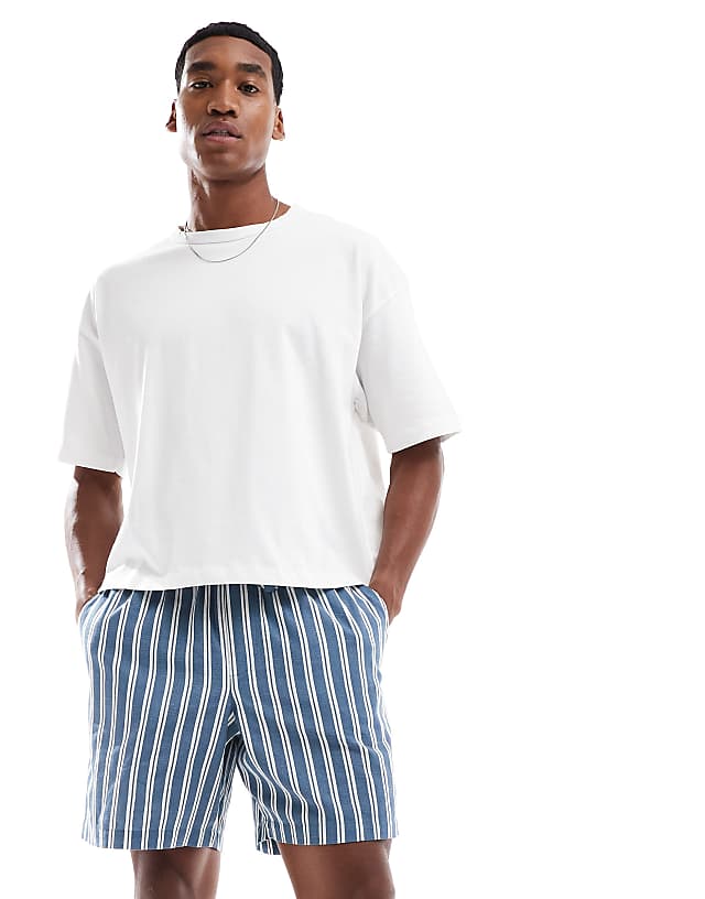 asos New Look pull on linen shorts in blue stripe