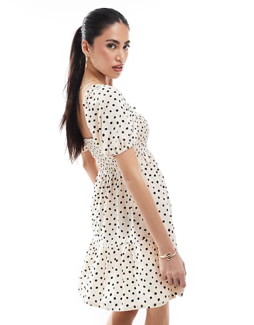 Asos New Look Spot Milkmaid Mini Dress In Cream