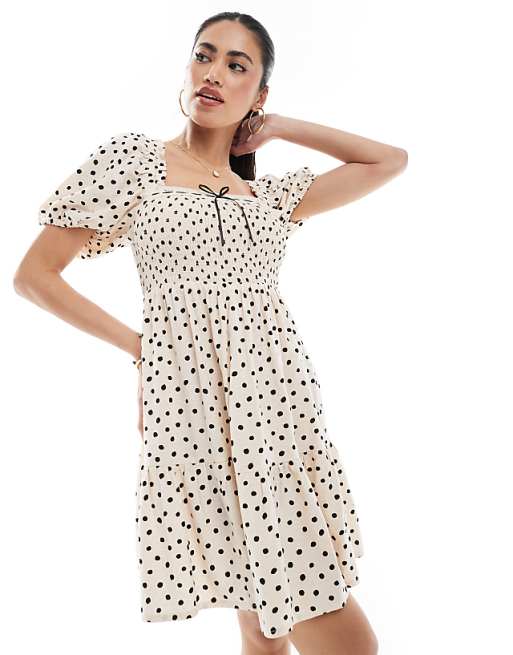 Asos New Look Spot Milkmaid Mini Dress In Cream