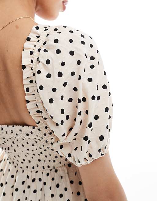 Asos New Look Spot Milkmaid Mini Dress In Cream