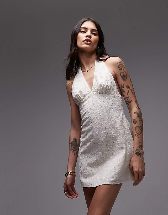 Asos Nia Kiki Linen Halter Mini Dress In Ecru