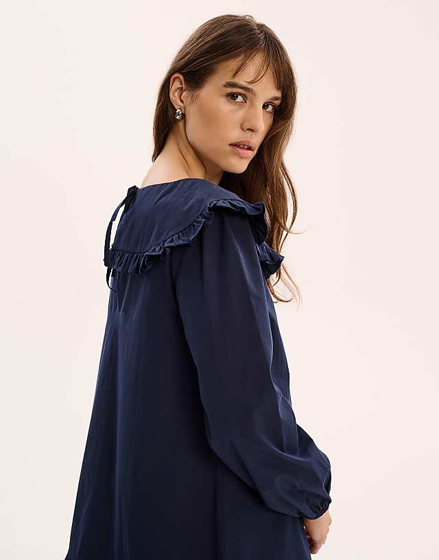 Asos OMNES Emili Frill Mini Dress In Navy
