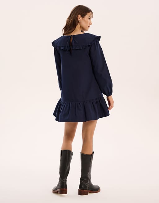 Asos OMNES Emili Frill Mini Dress In Navy